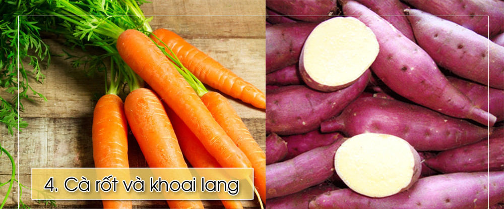 Rất giàu vitamin A, cà rốt và khoai lang giúp phục hồi và tái tạo lớp collagen yếu.