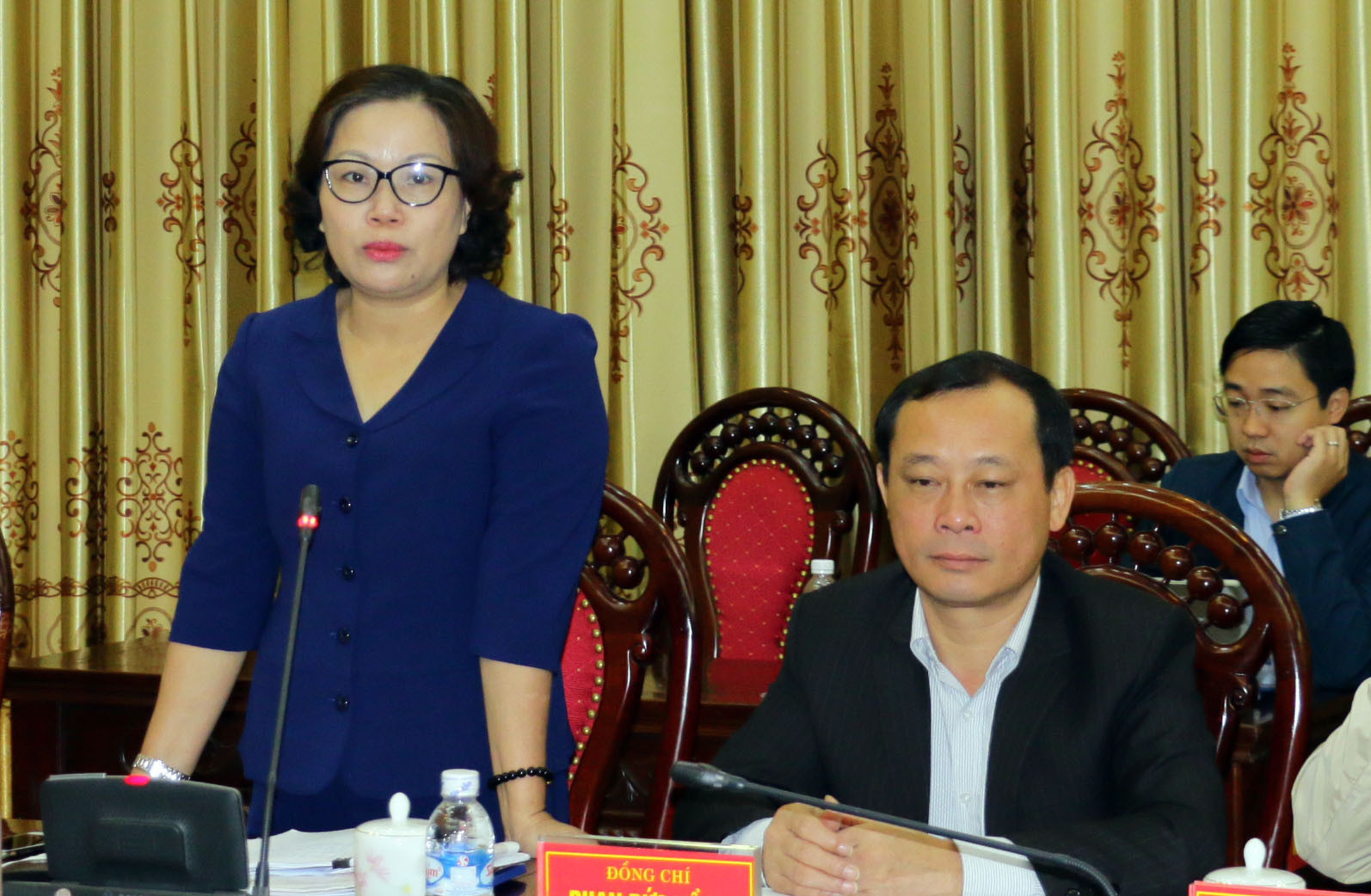 Đồng chí Nguyễn Thị Thu Hường - Trưởng ban Tuyên giáo Tỉnh ủy phát biểu tại cuộc họp. Ảnh: Mỹ Hà