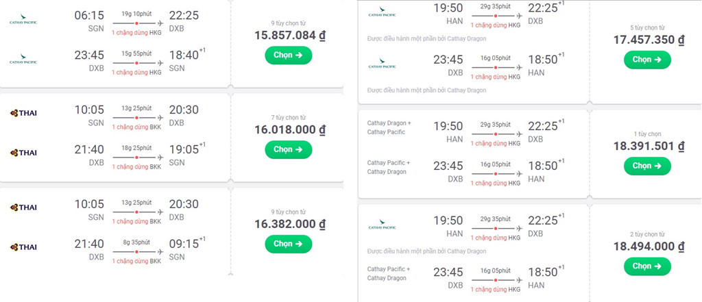 Vé khứ hồi từ TP.HCM đi Dubai (trái) và Hà Nội đi Dubai (phải) bay ngày 22/1 hoặc 23/1 có mức giá từ 15,6 triệu đồng. Ảnh chụp màn hình.