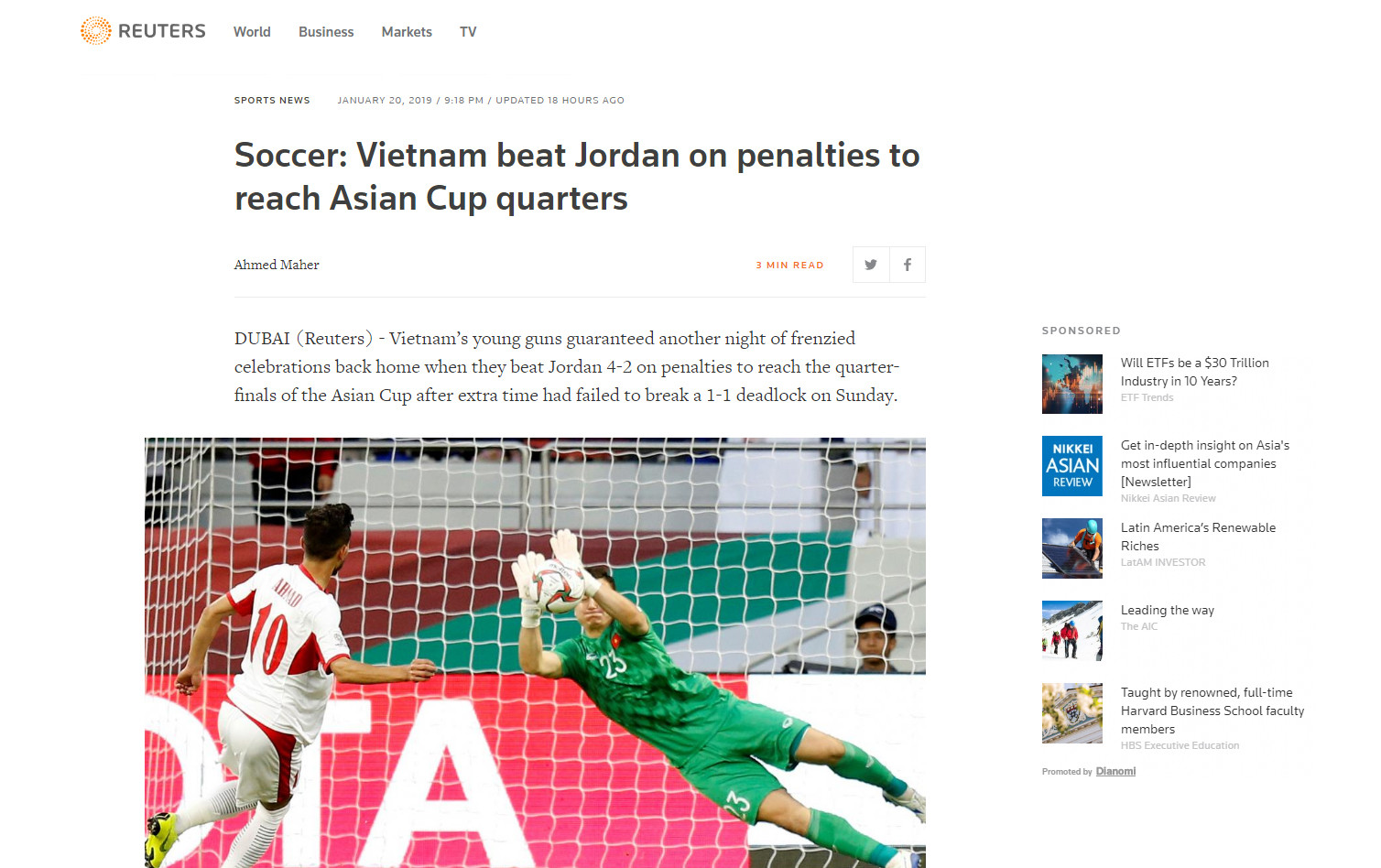 Reuters đưa tin về chiến thắng của ĐT Việt Nam. 