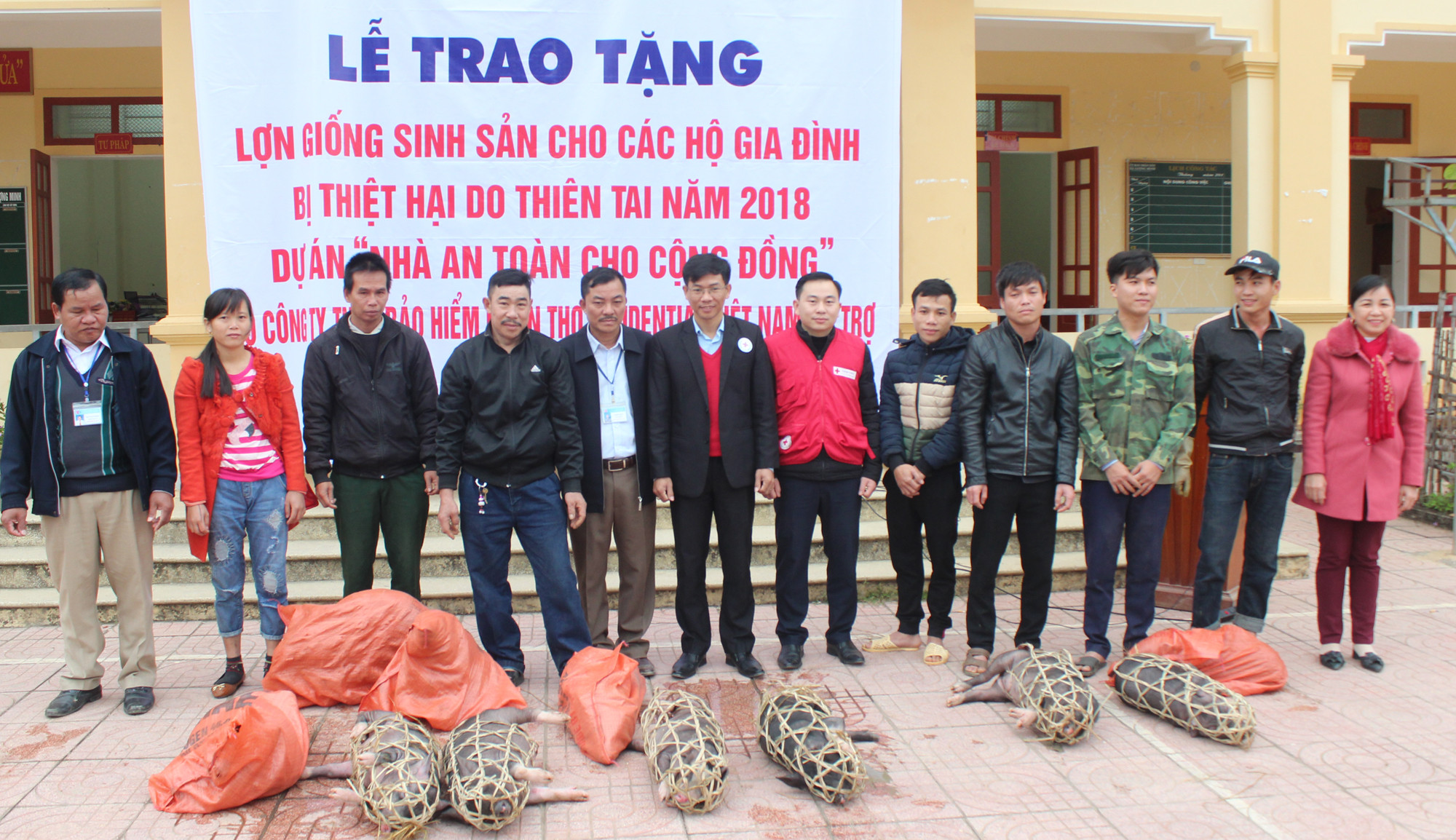 Trao 22 con lợn giống cho bà con xã Tà Cạ, huyện Kỳ Sơn. Ảnh Nguyễn Hải