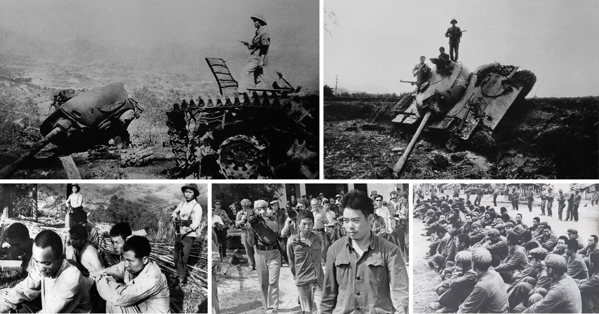 Xe tăng Trung Quốc bị bộ đội ta bắn cháy trong cuộc chiến tranh biên giới và tù binh Trung Quốc bị bị bắt giữ. Ảnh tư liệu