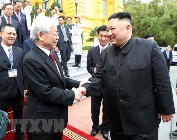 Tổng Bí thư, Chủ tịch nước Nguyễn Phú Trọng và Chủ tịch Triều Tiên Kim Jong-un. Ảnh: Trí Dũng/TTXVN