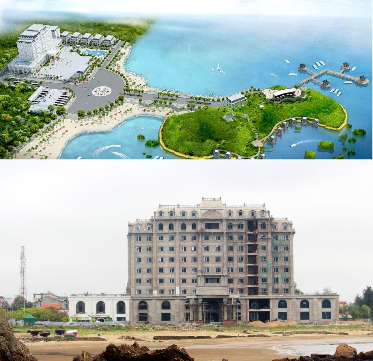 Quản thể Dự án du lịch đảo Lan Châu (Cửa Lò) và khách sạn 5 sao đang hoàn thiện. Ảnh: Nguyên Nguyên
