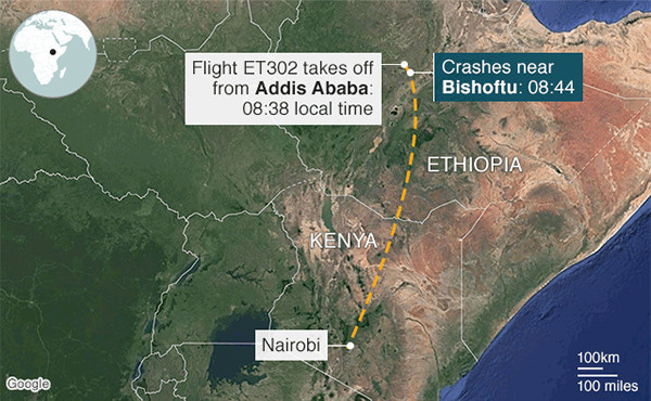 Sơ đồ địa điểm xảy ra thảm họa với chiếc Boeing 737 Max 8 của hãng hàng không Ethiopian Airlines. 