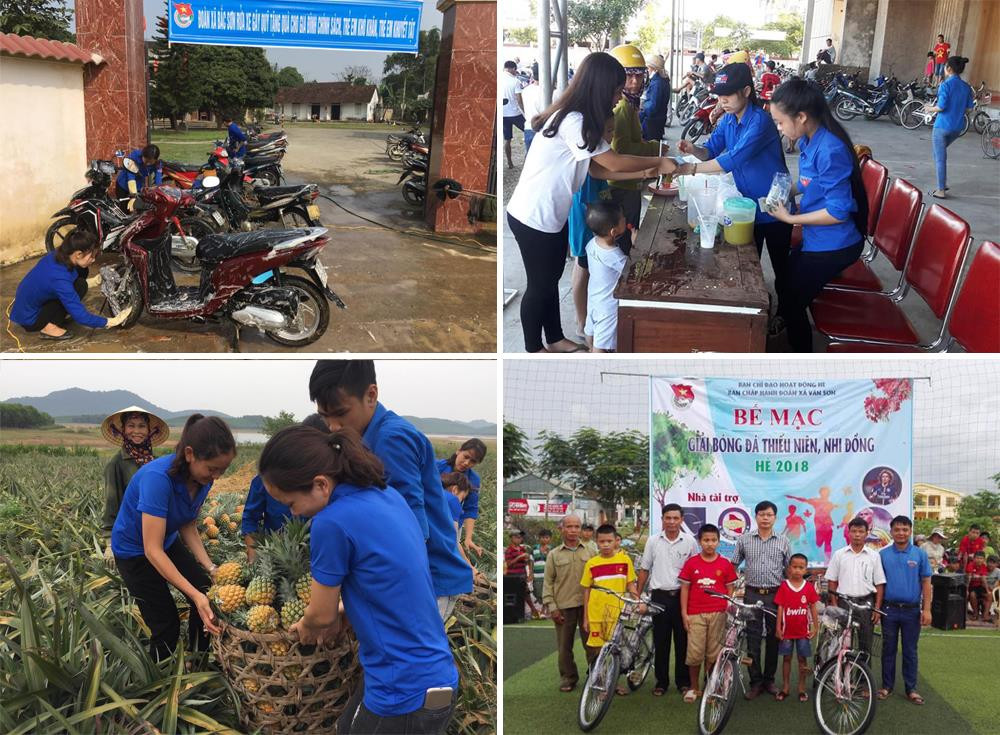 Đoàn viên thanh niên rửa xe gây quỹ; tặng xe đạp cho các em học sinh khó khăn; giải cứu nông sản cho bà con nông dân. Ảnh tư liệu