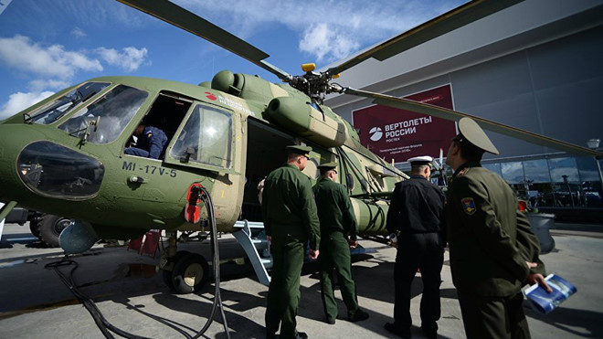 Trực thăng quân sự Mi-17 của Nga tại một triển lãm gần Moscow /// Ảnh chụp màn hình Sputnik