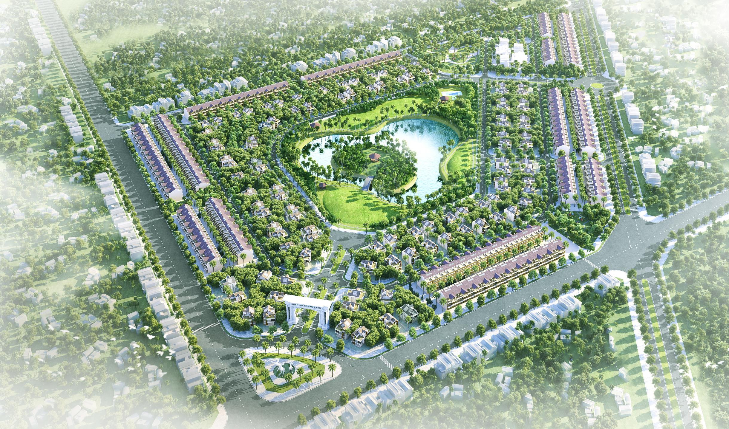 Khu đô thị Xuân An Green Park với hồ điều hòa rộng 1,7 ha tạo nên địa thế “Minh đường tụ thủy”. Ảnh: Tư liệu