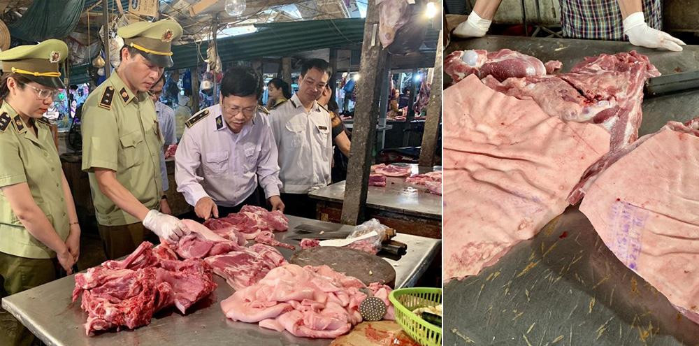 Các lực lượng chức năng kiểm tra hoạt động kinh doanh, buôn bán thịt lợn tại chợ Vinh. Ảnh: Võ Huyền