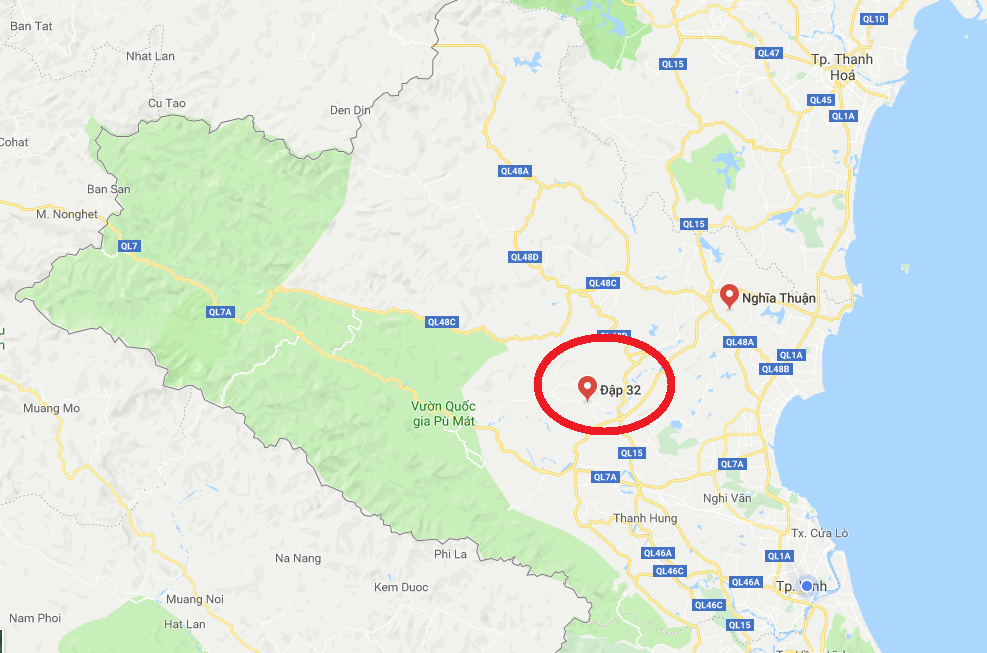 Khu vực nạn nhân bị đuối nước ở đập 32 xóm 16 xã Nghĩa Thuận. Ảnh: Googe Maps