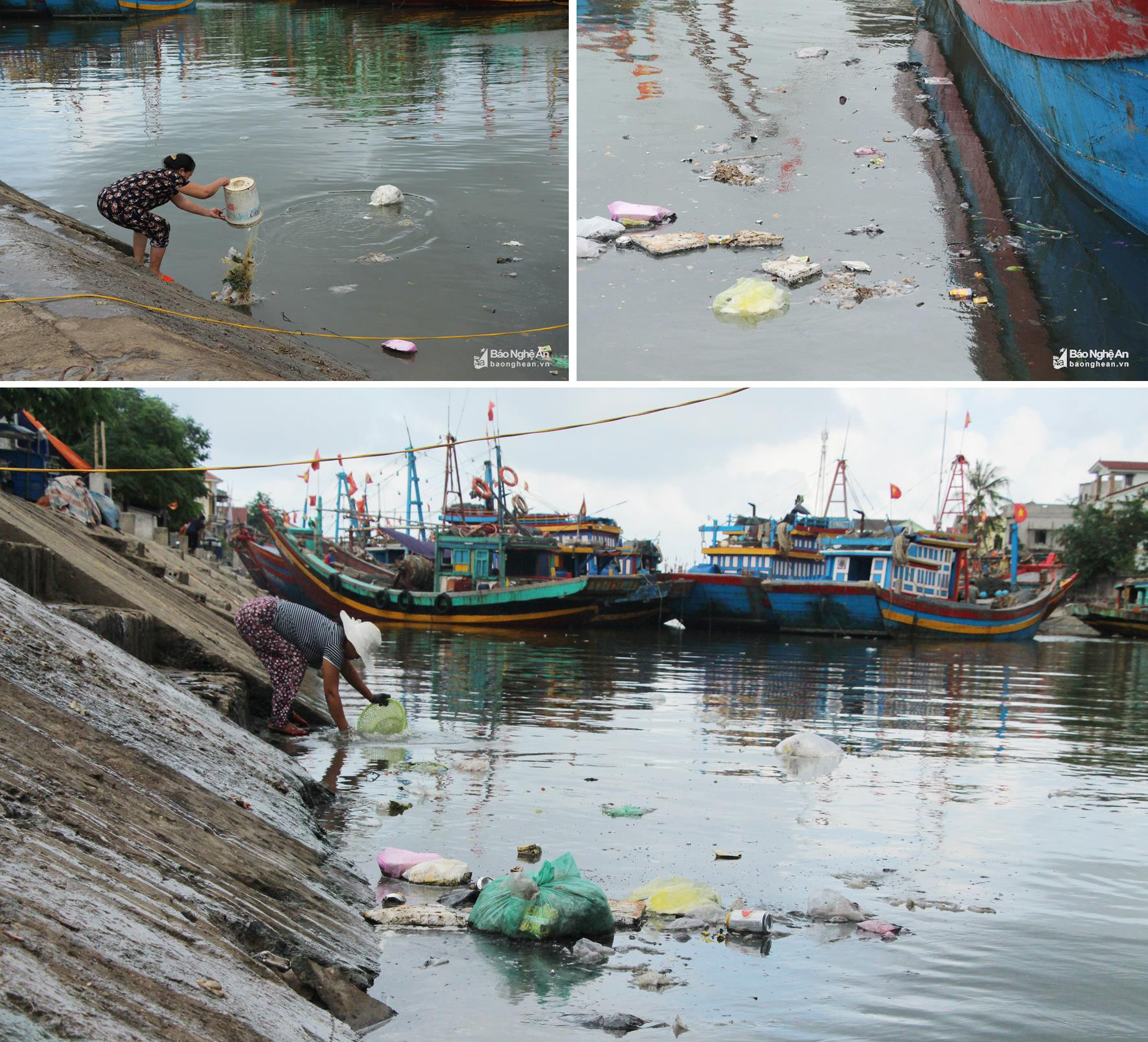 Người dân đổ rác thải xuống cảng cá lạch Vạn. Ảnh tư liệu