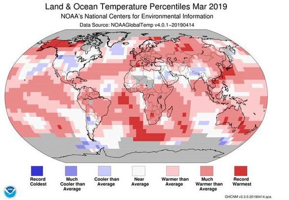 Bản đồ nhiệt độ thế giới tháng 3/2019, màu đỏ là ấm hơn bình thường