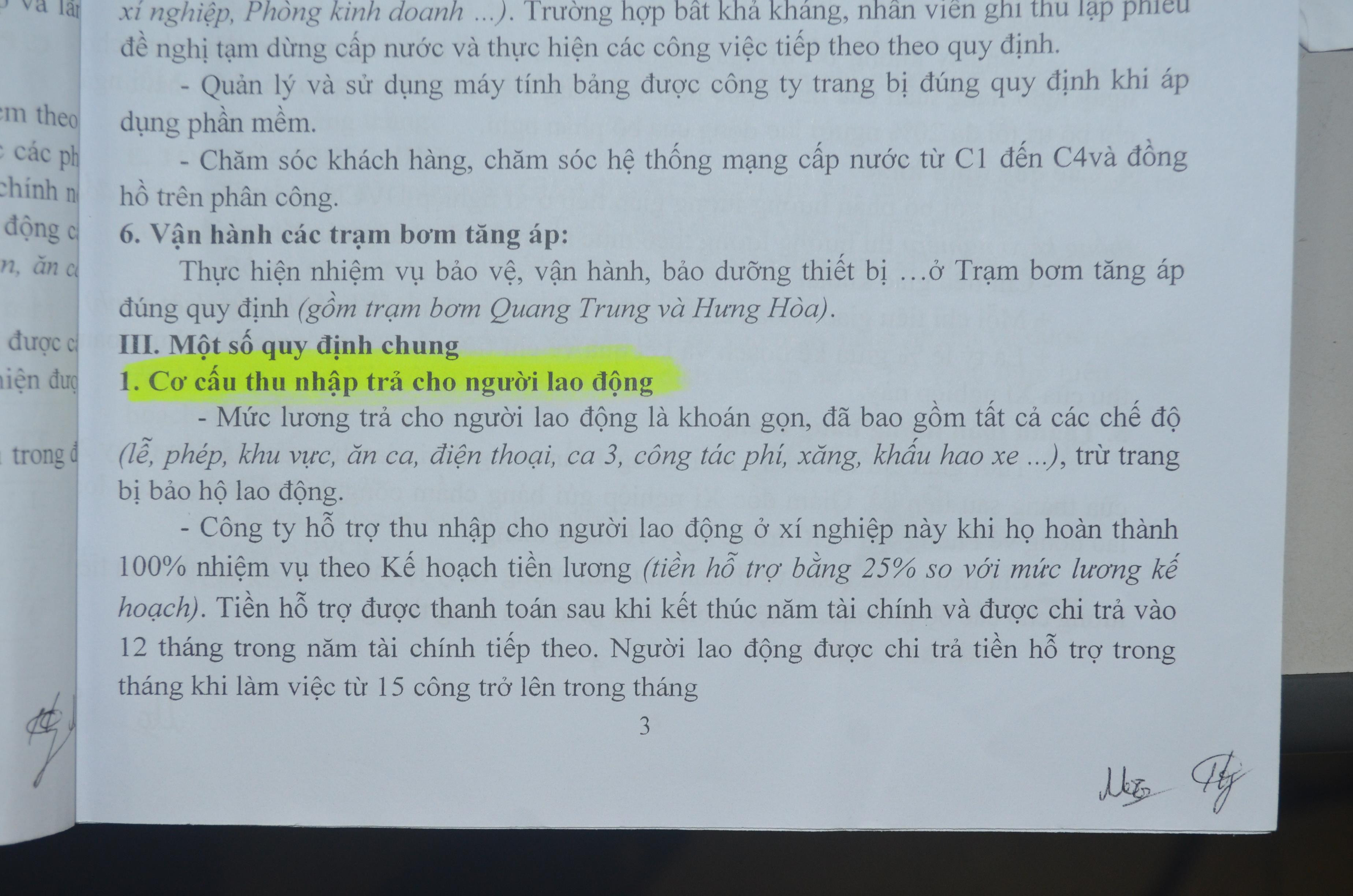 Cơ cấu thu nhập của người lao động Công ty CP cấp nước Nghệ An được thể hiện tại bản kế hoạch sản xuất kinh doanh năm 2019. ẢNh: Nhật Lân