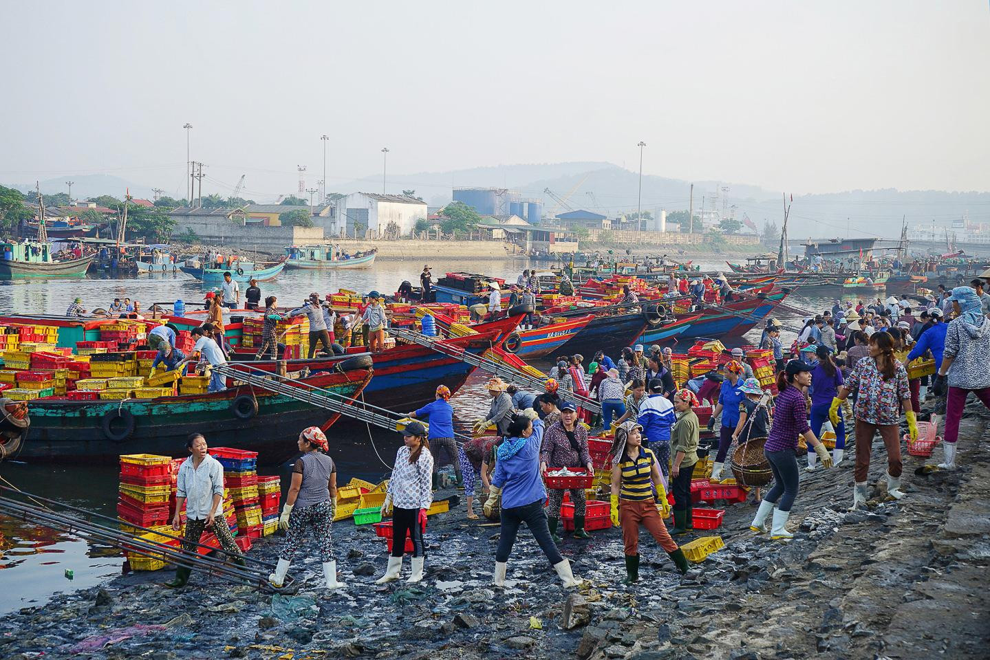 Từ sáng sớm, chợ cá Nghi Thủy đã nhộn nhịp