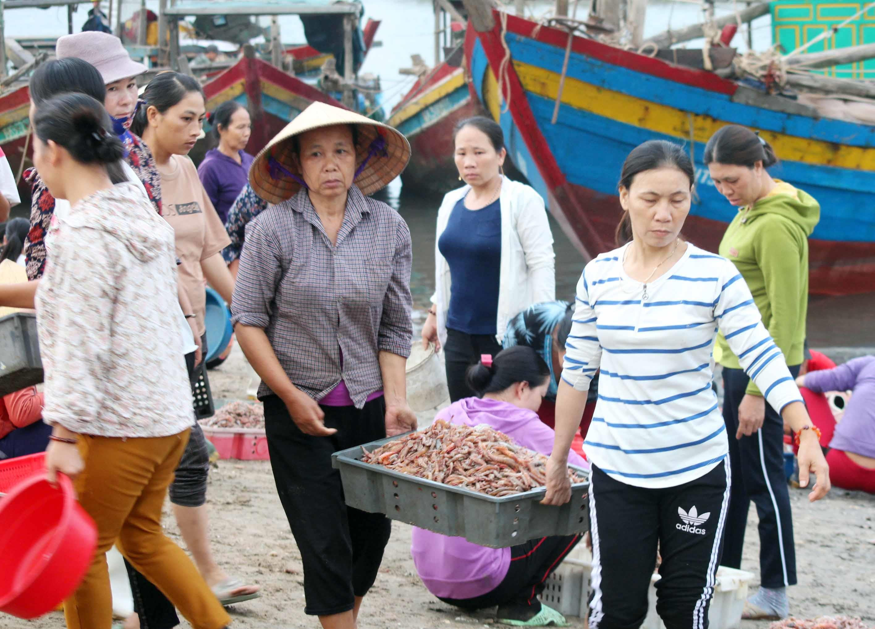 Cảnh mua bán hải sản cũng tấp nập tại cảng cá Lạch Quèn sáng 28/4. Ảnh: Việt Hùng