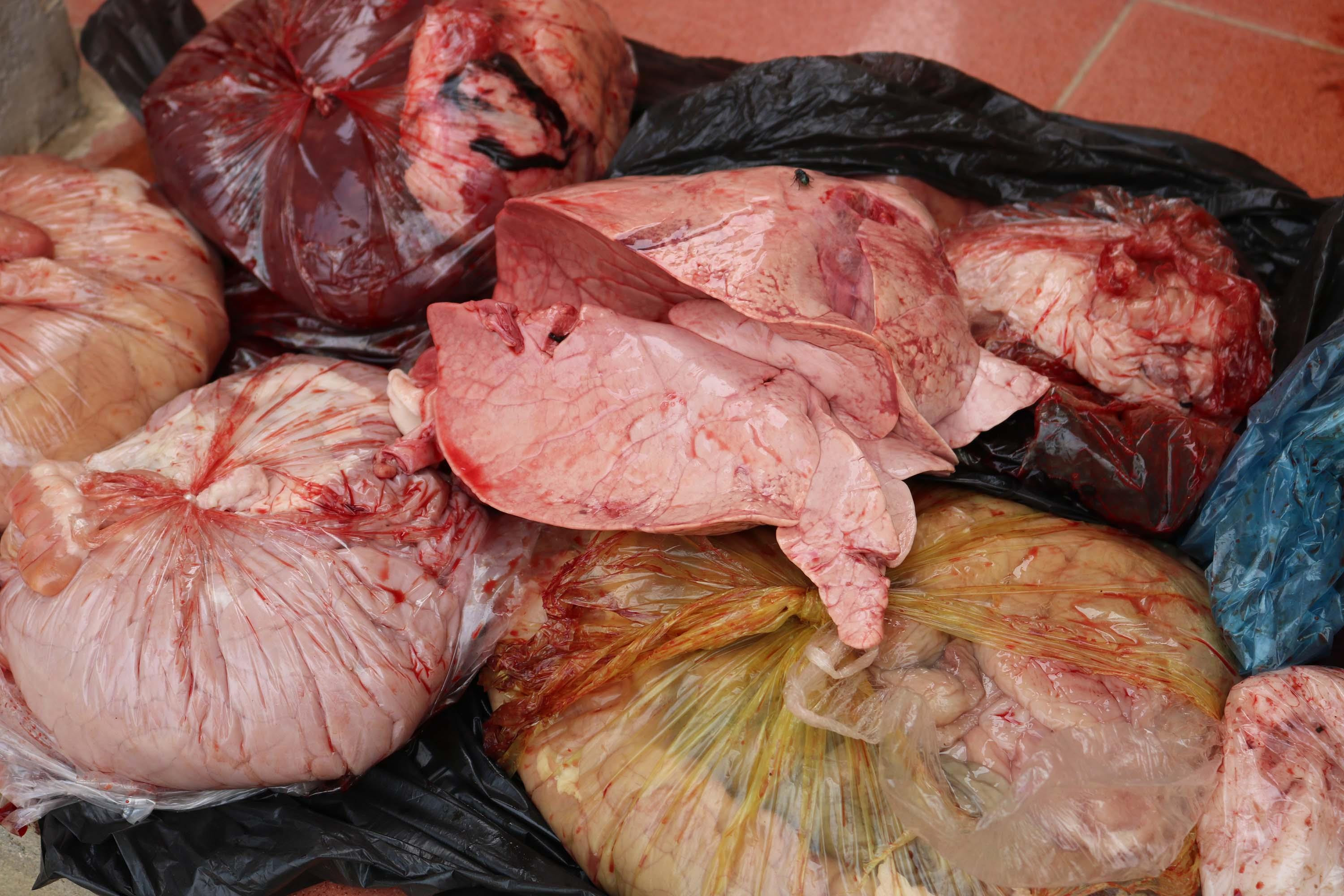 Tổng  trọng lượng  số nội tạng bị thu giũ là 15kg nội tạng và phụ phẩm  động vật đã bốc mùi và rỉ nước màu đen