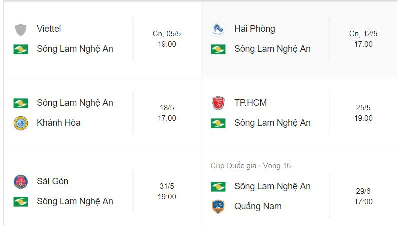 Lịch thi đấu tháng 5, tháng 6 của SLNA tại V.League 2019.