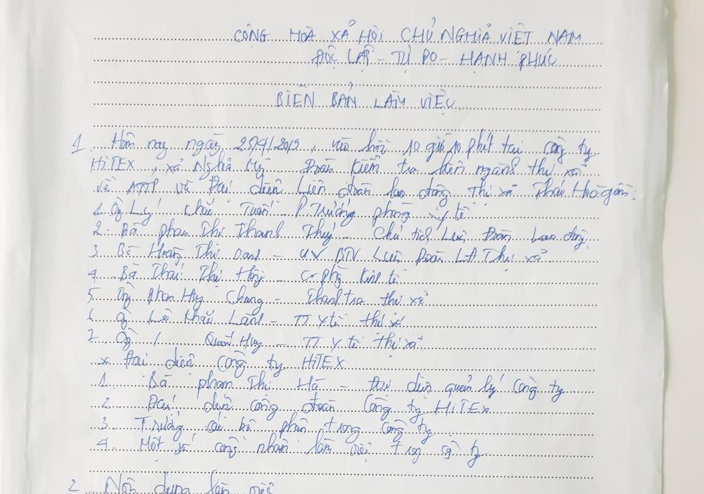 Biên bản ghi nhân sự việc, phản ánh của công nhân. Ảnh: Thành Chung