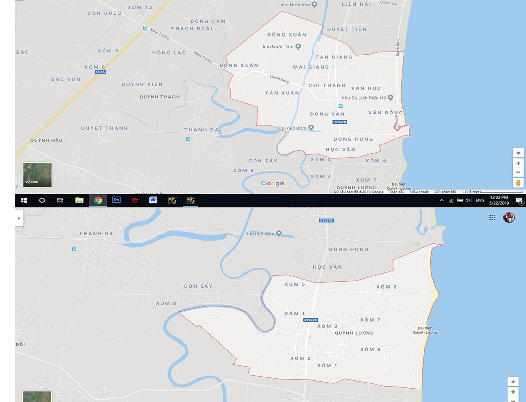 Xã Quỳnh Lương và Quỳnh Bảng của huyện Quỳnh Lưu vừa xảy ra ổ dịch châu Phi. Ảnh Google Maps