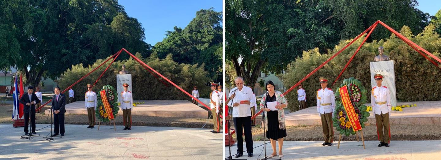 Đoàn công tác Việt Nam và đại diện lãnh đạo Cuba dâng hoa, phát biểu, chụp ảnh lưu niệm trước tượng đài Chủ tịch Hồ Chí Minh ở La Havana. Ảnh: NPNĐ