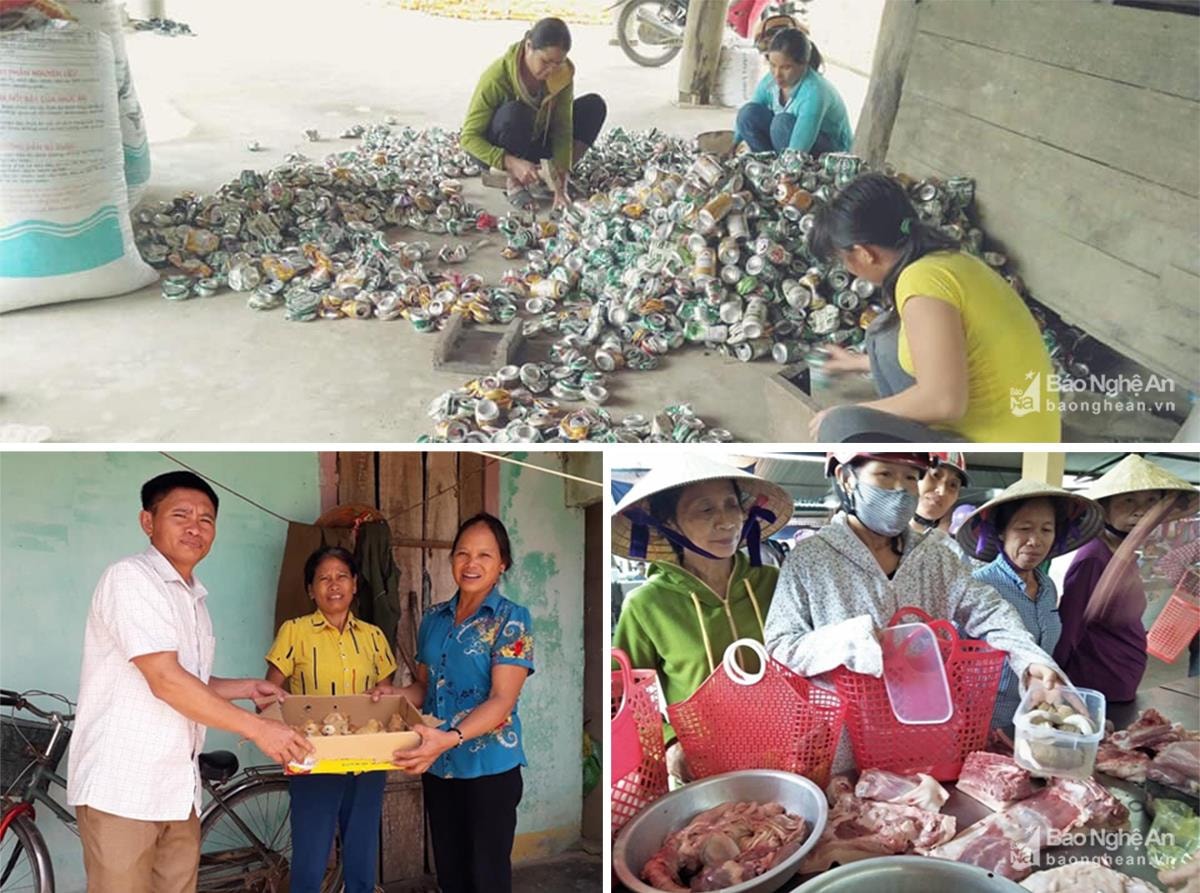 Các phong trào “Biến rác thải thành con giống” và “Làn nhựa đi chợ” của Hội LHPN huyện Thanh Chương. Ảnh: Minh Chi