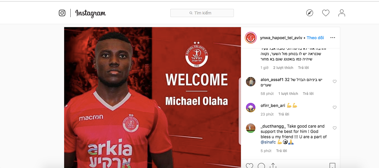 Thông báo của CLB Hapoel Tel-Aviv. Ảnh: Instagram