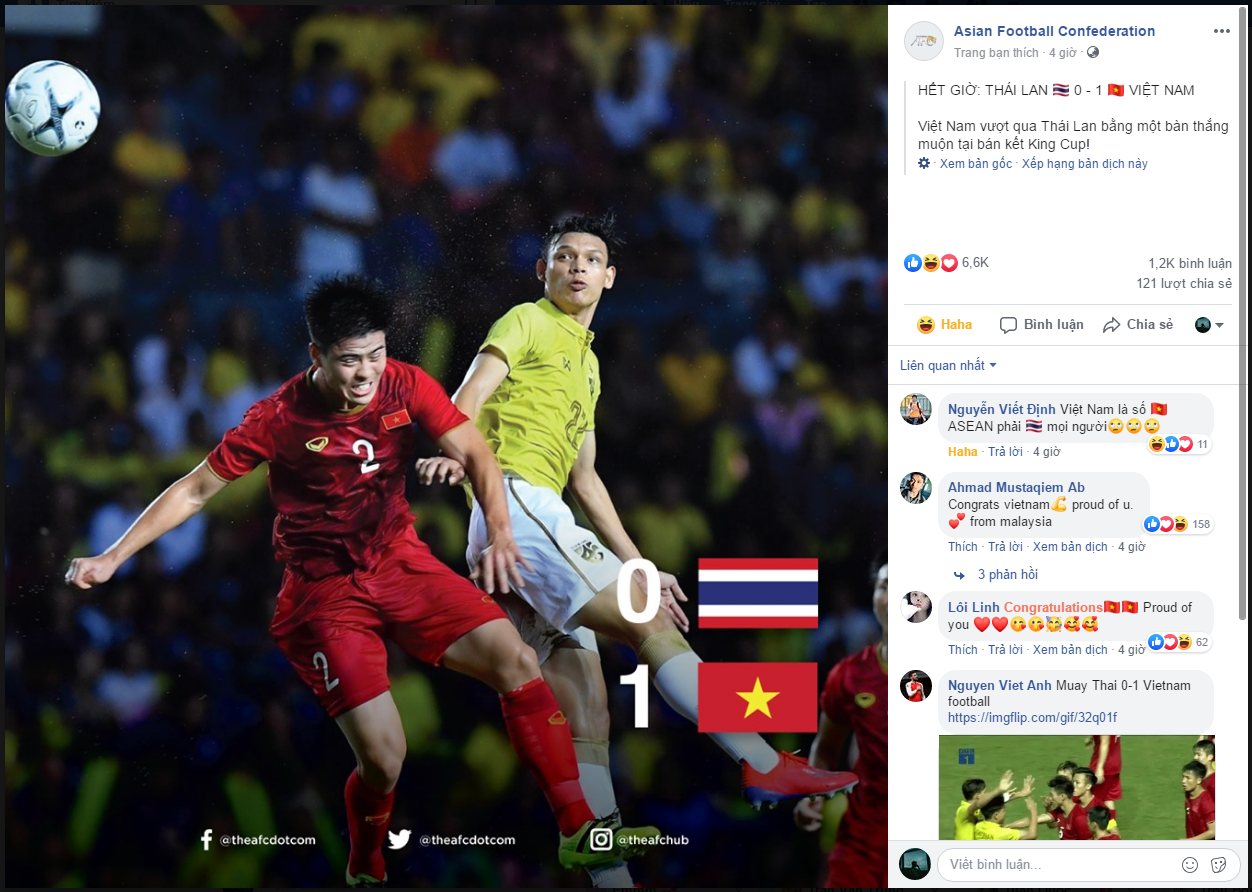 CĐV Việt Nam vui sướng “chém gió” trên fanpage AFC. Ảnh: Facebook