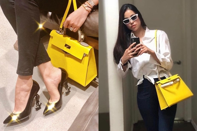 Ngoài Dior, Phạm Hương cũng yêu thích thương hiệu Hermes, trong đó chiếc túi dòng Kelly màu vàng được cô sử dụng đều đặn.