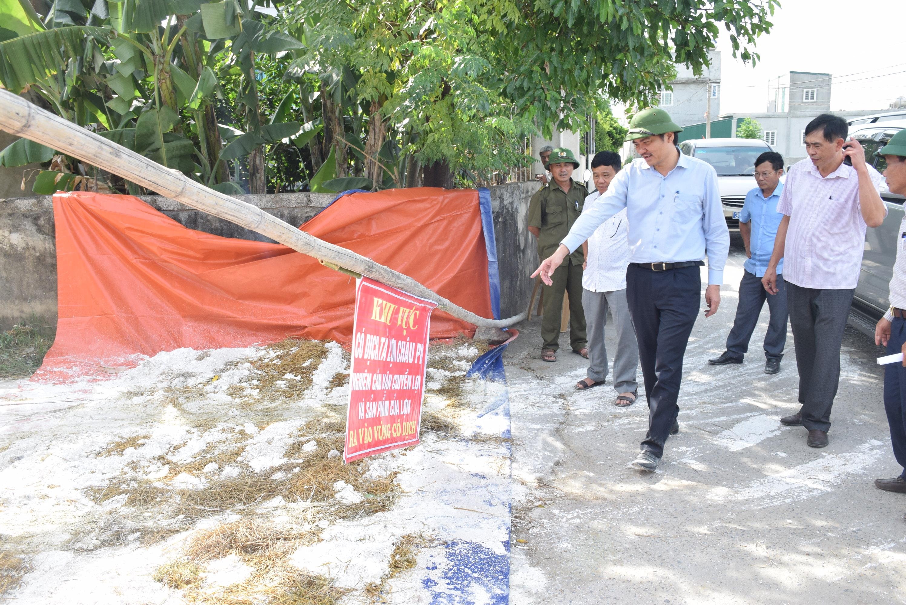 Điểm chốt tại xóm 1, xã Nghi Xá, huyện Nghi Lộc mặc dù đạt yêu cầu về hố khử trùng, nhưng sào chắn không đảm bảo. Ảnh: Xuân Hoàng