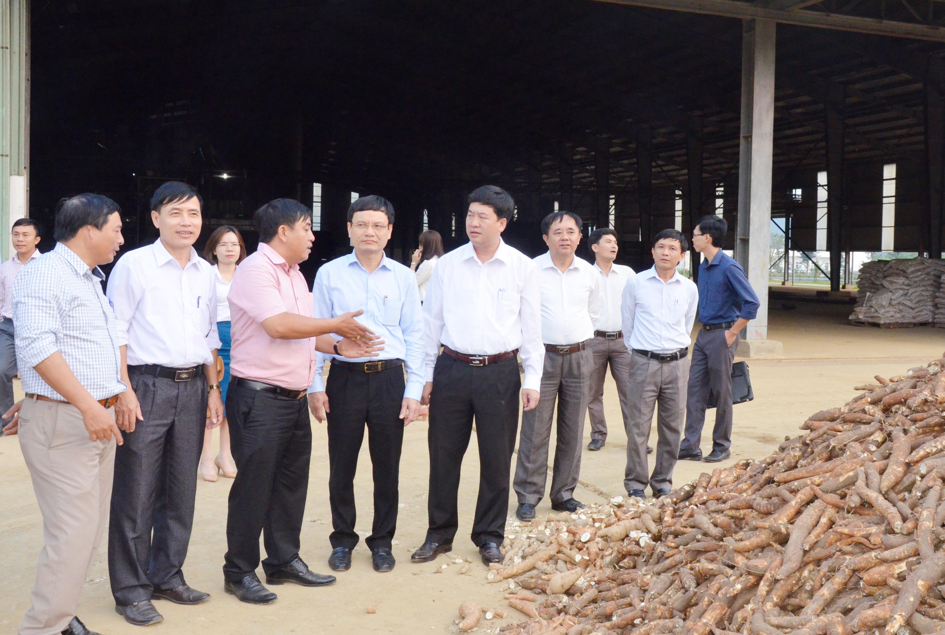 Lãnh đạo huyện Anh Sơn tham quan nhà máy chế biến sắn Hoa Sơn. Ảnh: Thanh Lê