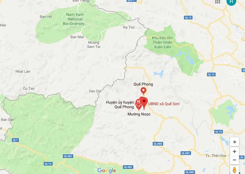 Xã Quế Sơn, huyện Quế Phong phát hiện ổ dịch tả lợn châu Phi ngày 12/6. Ảnh Google Maps