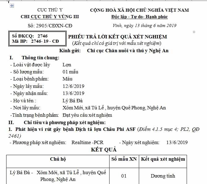 Mẫu xét nghiệm dương tunhs dịch tả lợn châu Phi tại xã Tri Lễ, huyện Quế Phong. Ảnh: Xuân Hoàng