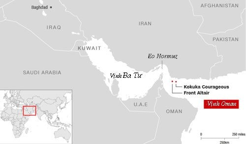 Vị trí hai tàu chở dầu bị tấn công ở Vịnh Oman hôm 13/6. Đồ họa: CNN.