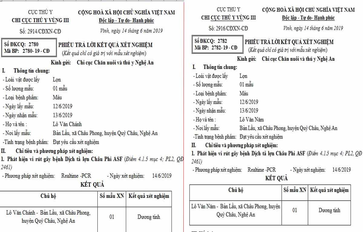 Kết quả 2 mẫu xét nghiệm của xã Châu Phong. Ảnh: Xuân Hoàng