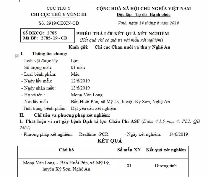 Kết quả xét nghiệm mẫu bệnh phẩm của xã Mỹ Lý. Ảnh: Xuân Hoàng