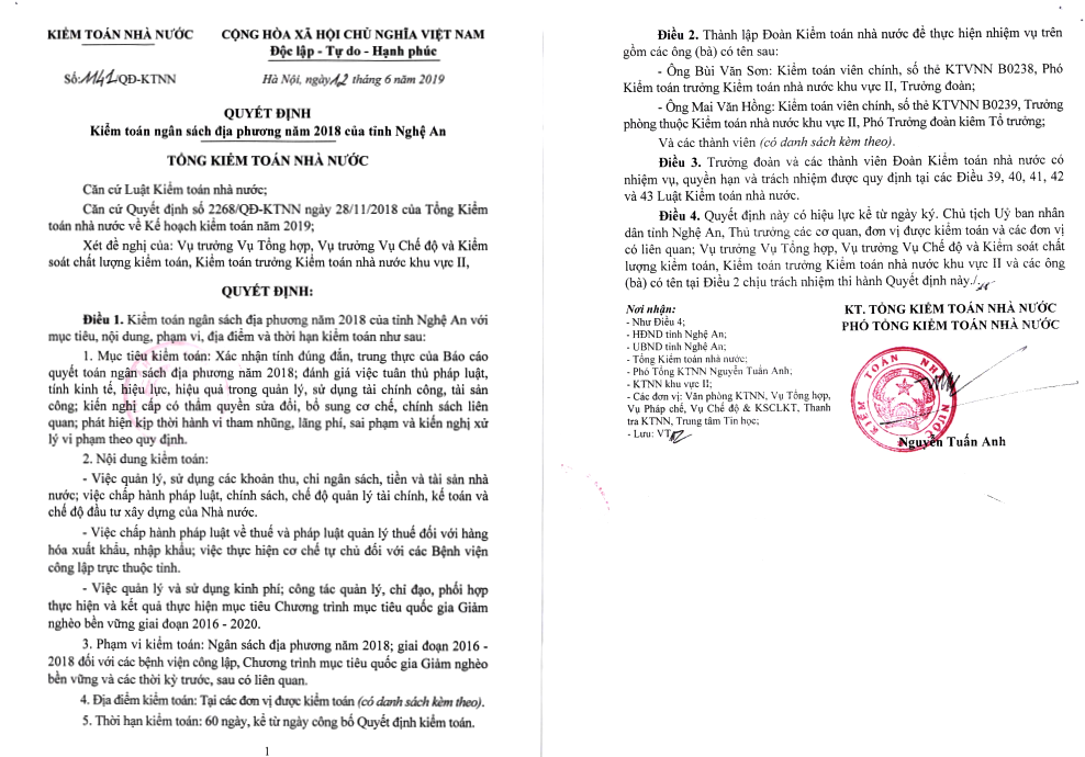 Quyết định chính thức của Tổng kiểm toán về chương trình kiểm toán năm 2019 tại Nghệ An. Ảnh: Nguyễn Hải
