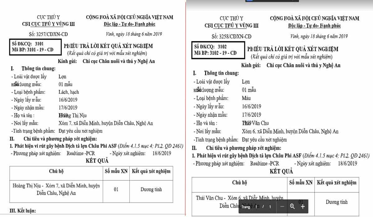 Mẫu xét nghiệp tại xã Diễn Minh, huyện Diễn Châu. Ảnh: Xuân Hoàng