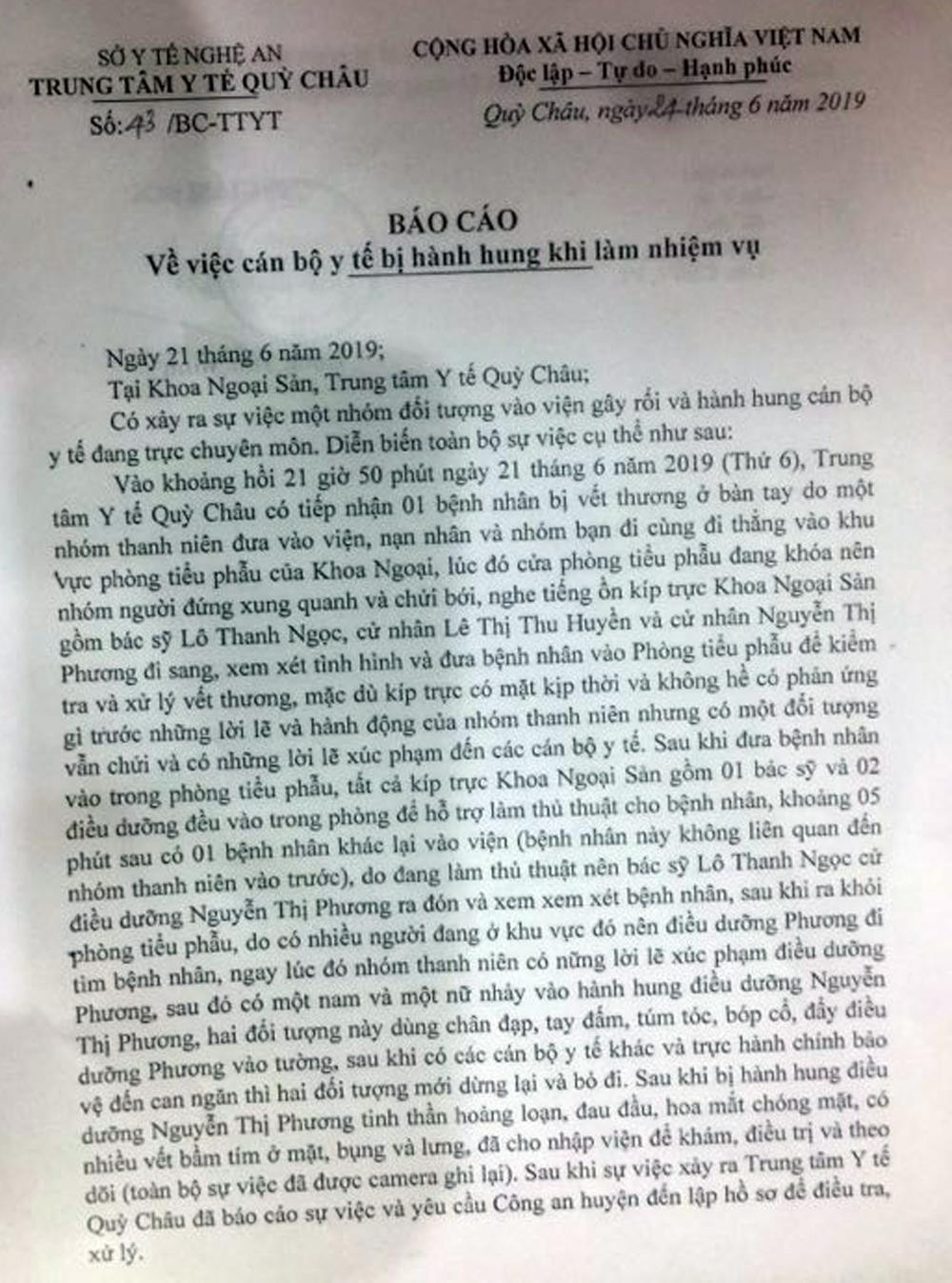 Báo cáo vụ việc của Trung tâm Y tế huyện Quỳ Châu. Ảnh: Thành Chung