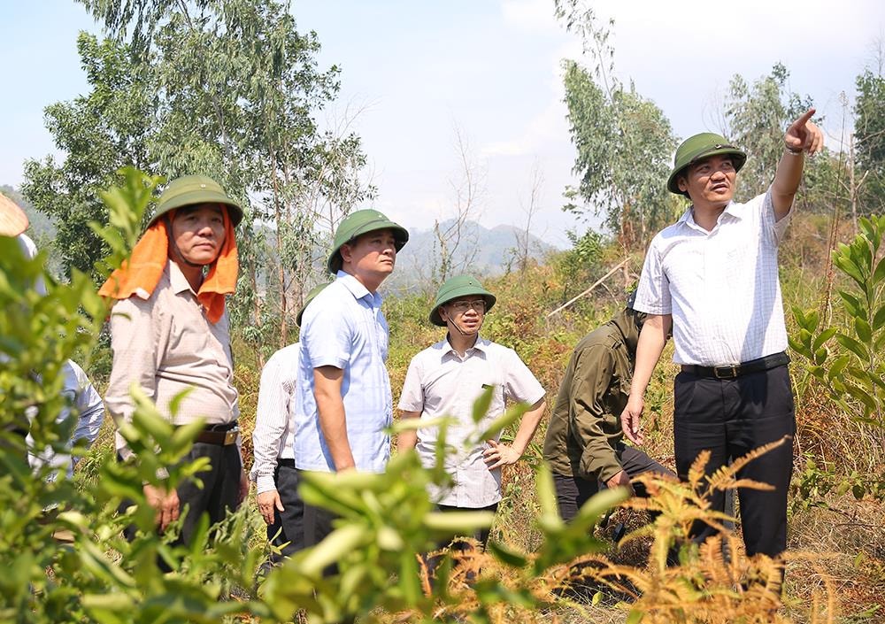 Các đồng chí Nguyễn Xuân Sơn, Thái Thanh Quý chỉ đạo các lực lượng dập lửa. Ảnh: Lâm Tùng