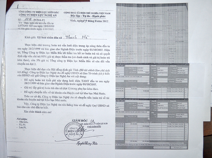 Các văn bản, giấy tờ ủy nhiệm chi, hóa đơn điện tử thể hiện việc Phòng Tại chính - kế hoạch huyện Thanh Chương chuyển trả kinh phí hoàn trả lưới điện trung áp cho UBND xã Thanh Hà năm 2013.