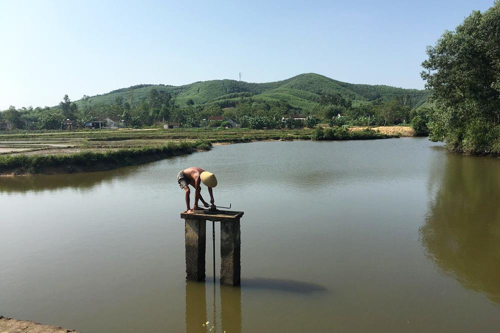 Hồ chứa nước Tây Thành, Yên Thành người dân tự do lội ra hồ để vận hành tháo nước. Ảnh: Văn Trường