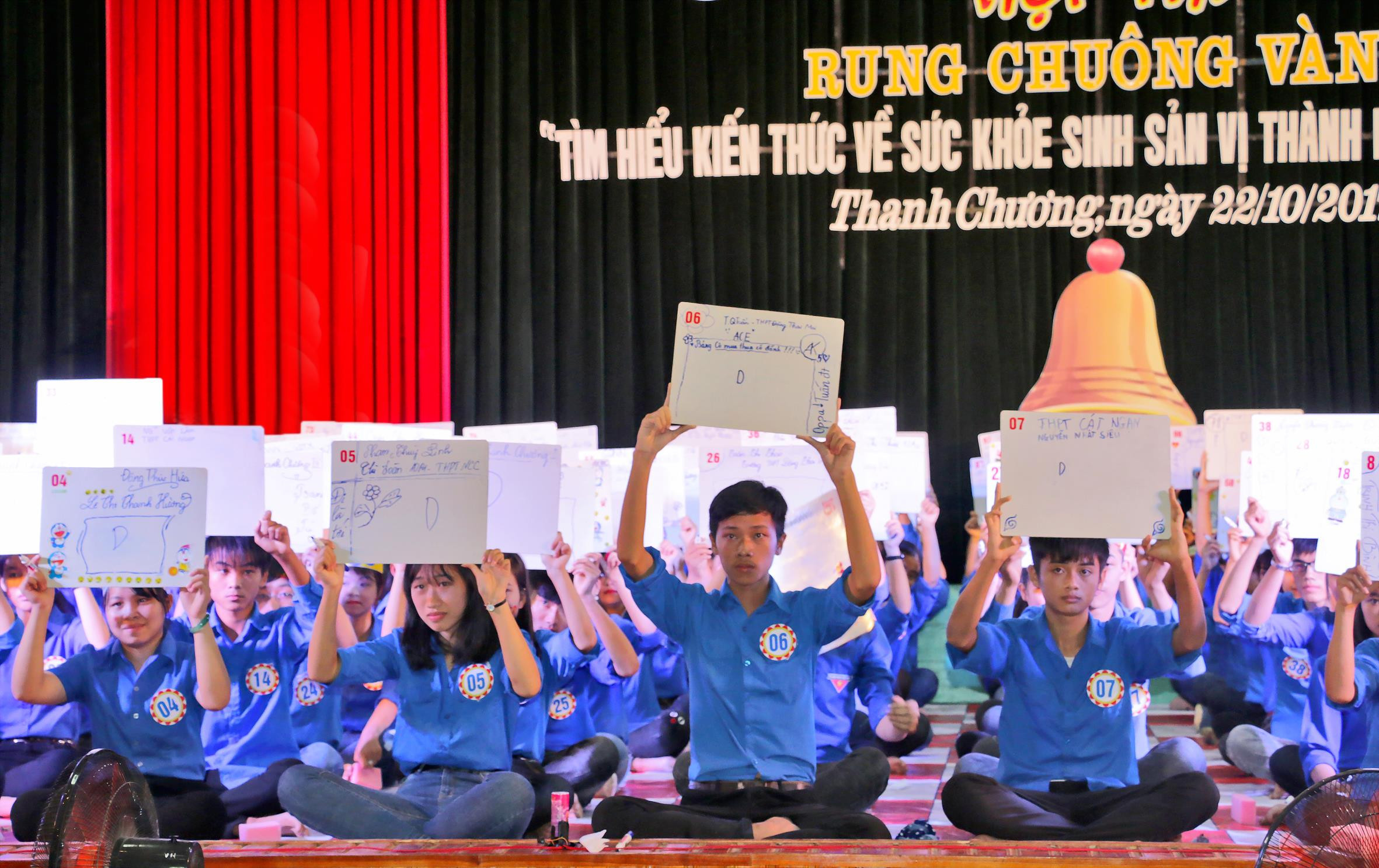 Học sinh huyện Thanh Chương hào hứng với Cuộc thi “Rung chuông vàng”  tìm hiểu về SKSS - vị thành niên. Ảnh: Mỹ Hà
