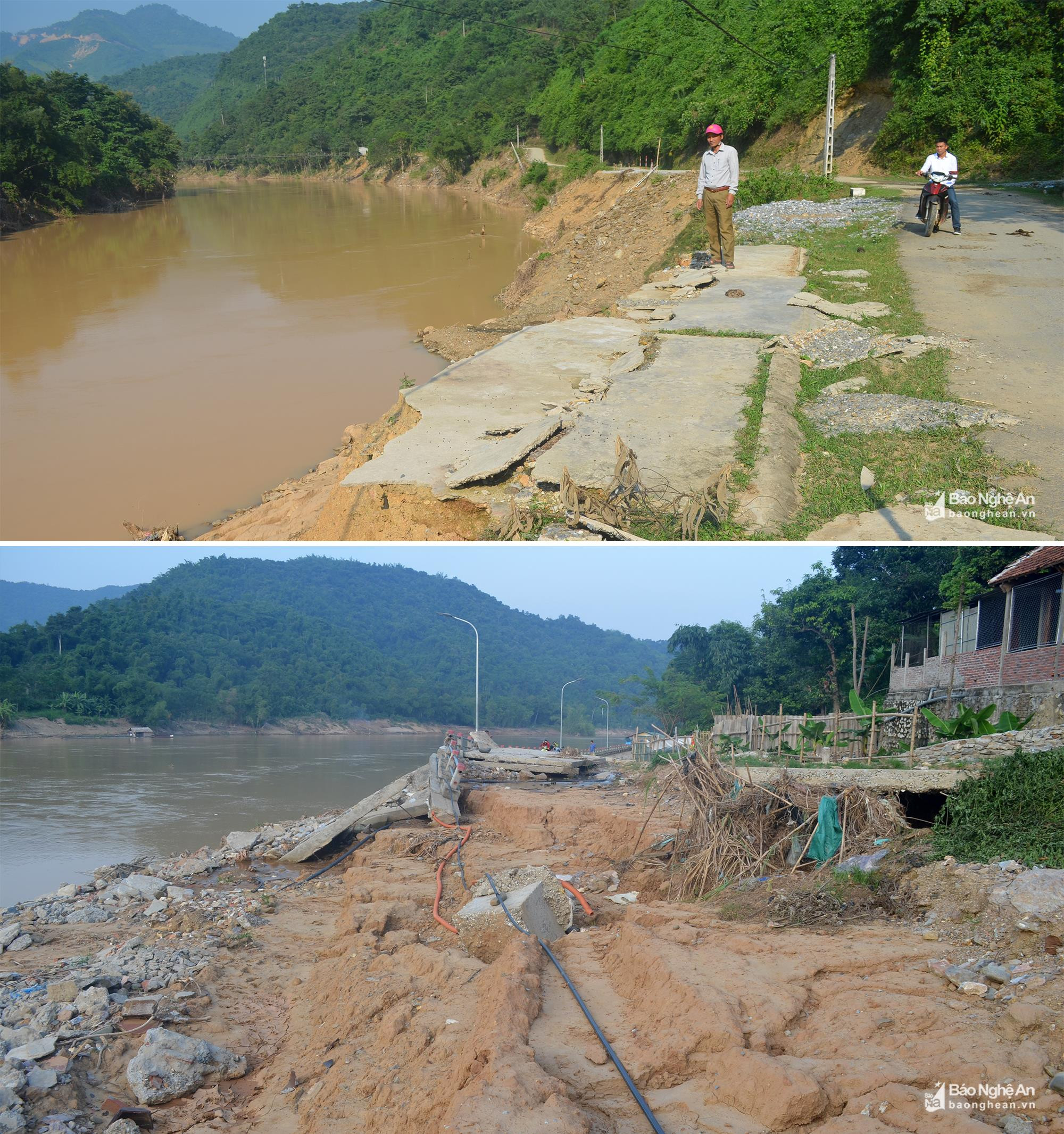 Đường giao thông và kè sông ở huyện Tương Dương bị hư hỏng sau lũ. Ảnh: N.L
