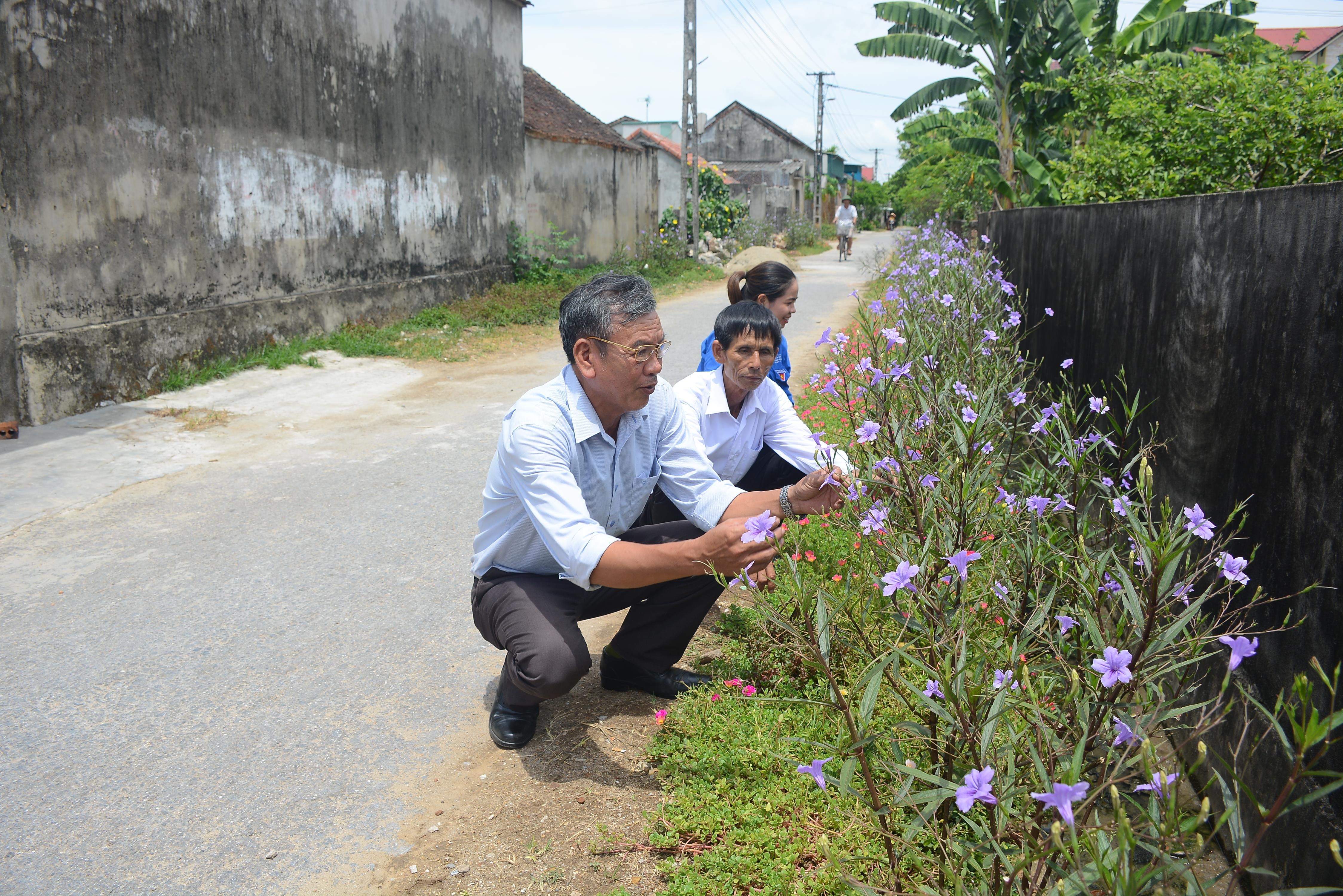 Cựu chiến binh và đoàn viên thanh niên có nhiều hoạt động phối hợp chỉnh trang cảnh quan, chung sức xây dựng nông thôn mới tại xã Diễn Tân. Ảnh: Thu Giang