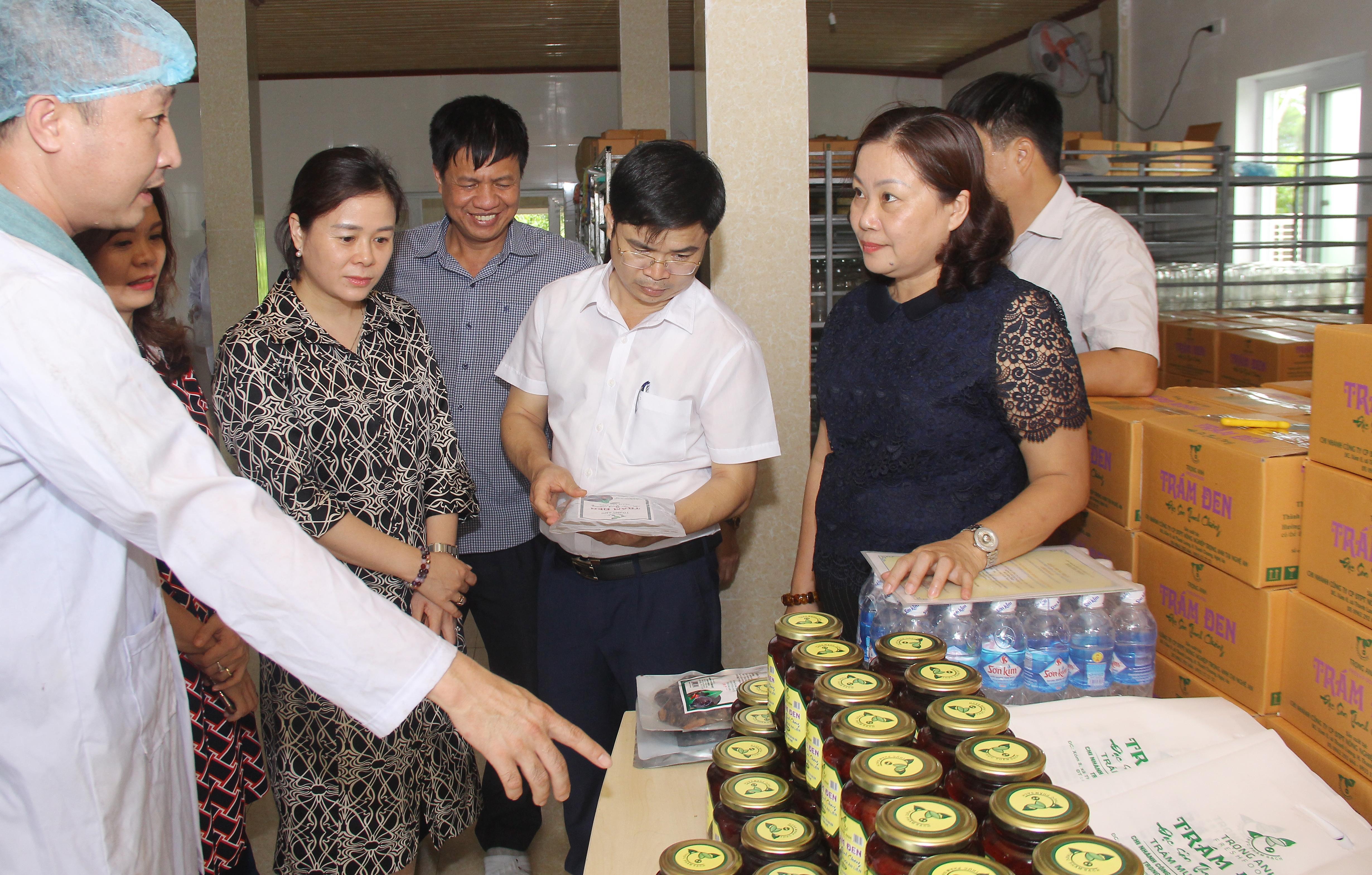 Đoàn kiểm tra khảo sát mô hình chế biến trám đen của doanh nghiệp nông nghiệp Trọng Anh. Ảnh: Mai Hoa