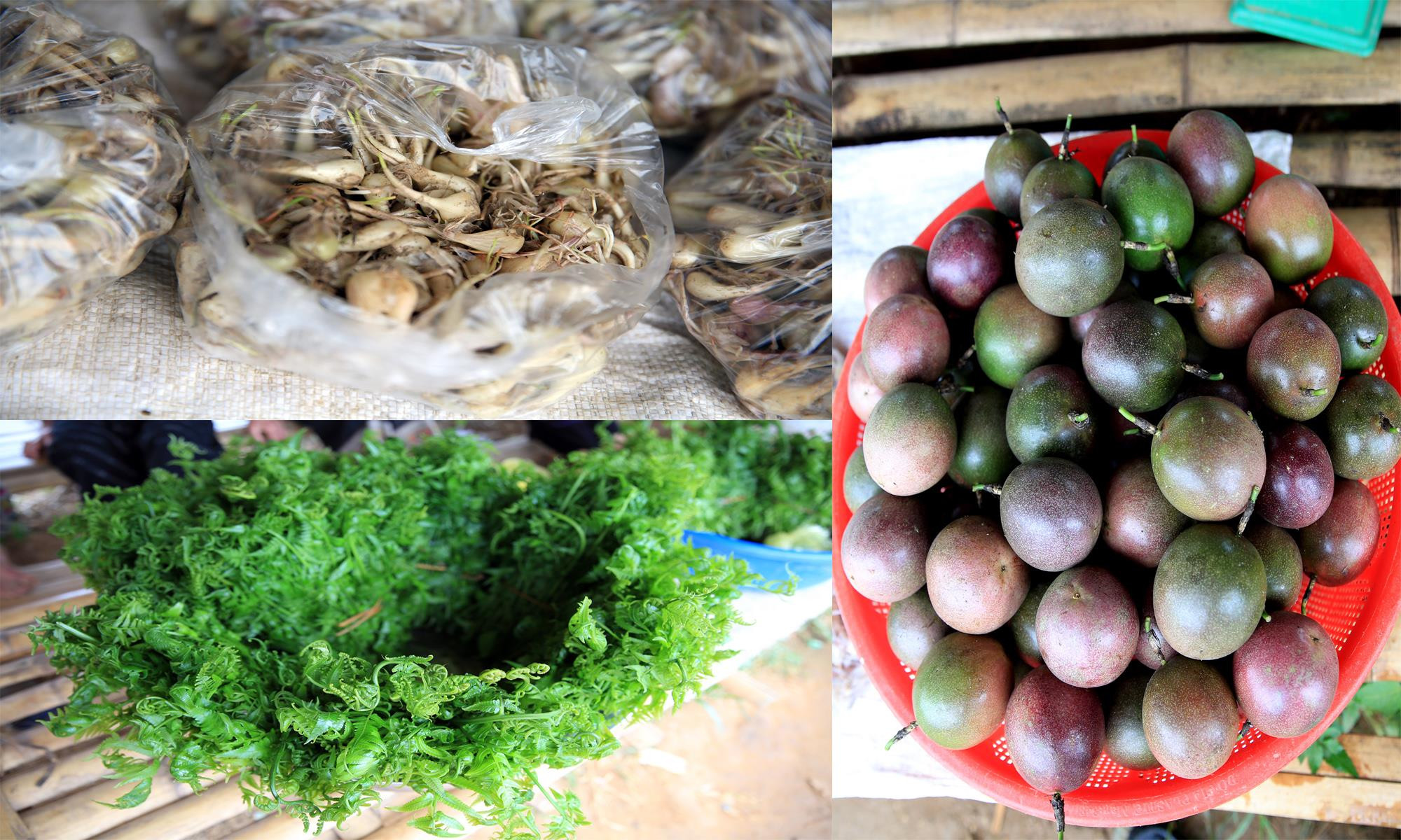 Tuyệt nhiên, cả chợ chỉ bày bán những mặt hàng nông sản bản địa là những thứ rau củ quả, gà và dao đi rừng. 