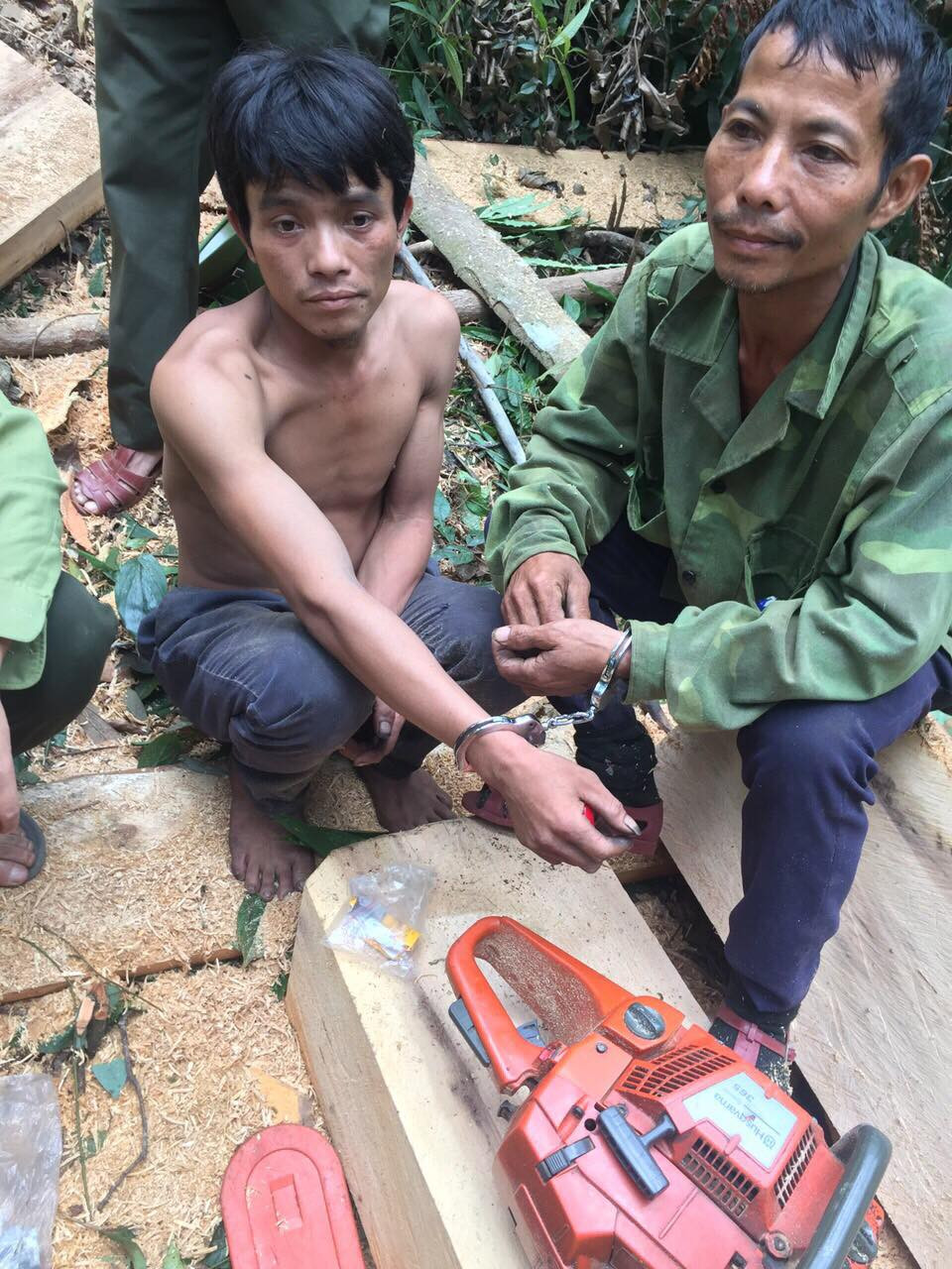 Hai lâm tặc bị bắt giữ khi đang có hành vi khai thác gỗ rừng trái phép. Ảnh: CTV