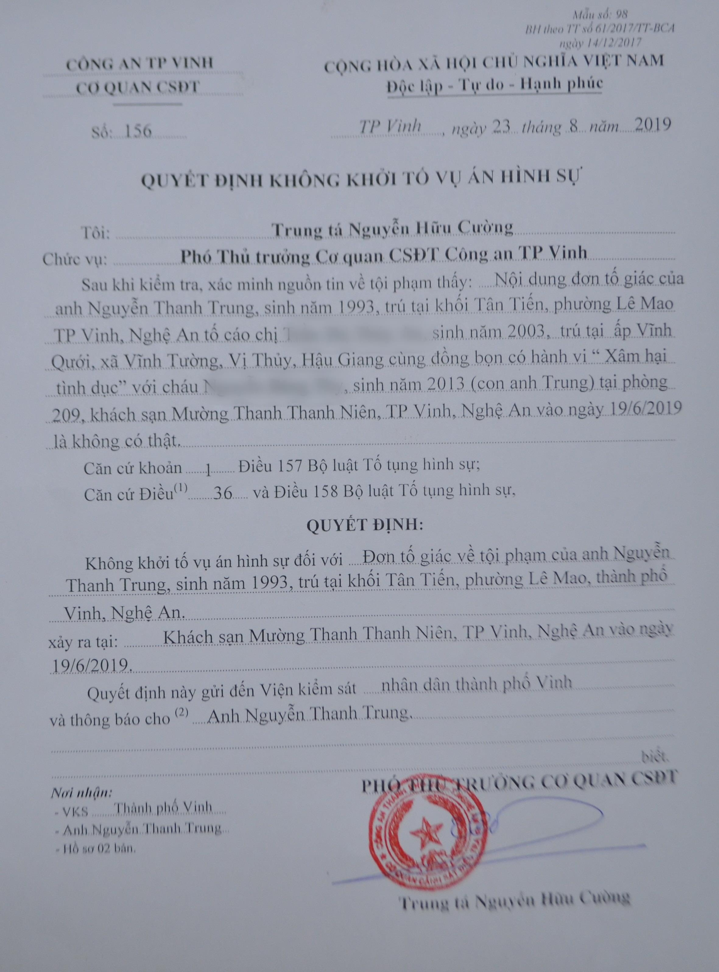 Quyết định không khởi tố vụ án hình sự đối với tin báo tố giác tội phạm của Nguyễn Thanh Trung của Cơ quan CSĐT Công an thành phố Vinh