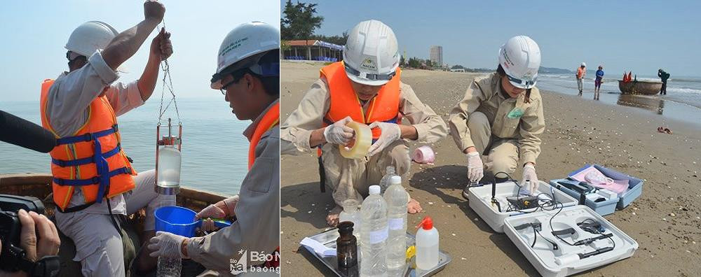 Lấy mẫu quan trắc nước biển tại thị xã Cửa Lò. Ảnh: Tư liệu