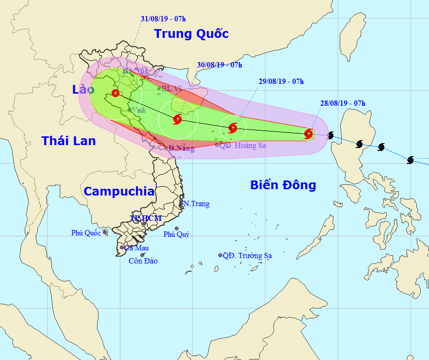Đường đi của bão lúc 7h sáng ngày 28/8. Ảnh: Đài Khí tượng Thủy văn